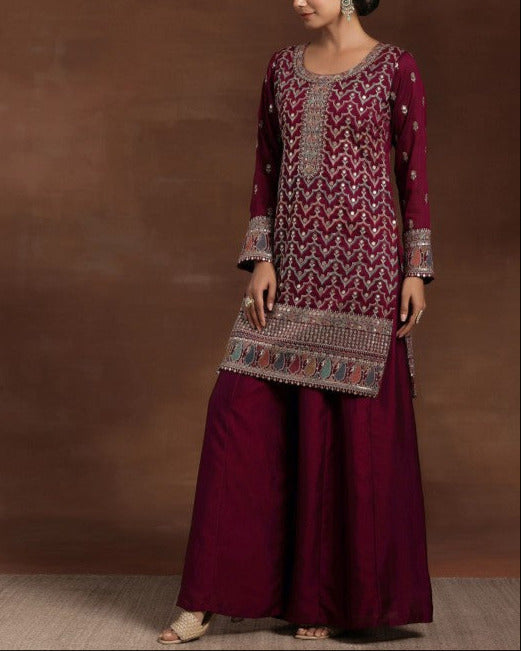 Ethnic Motifs Embroidered Sequinned Straight Kurta With Palazzos & Dupatta-KYAMSTORE