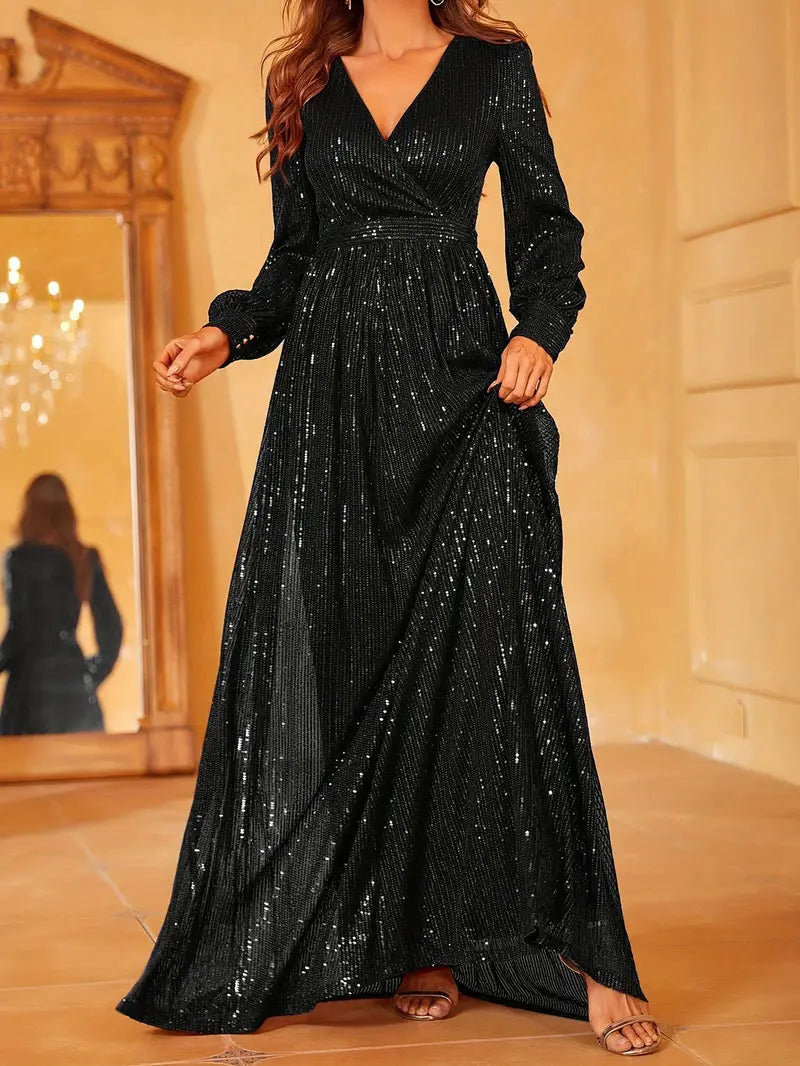 Emerald Green Sequin V-Neck Long Sleeve A-Line Dress | Delivery: 7 to 10 business days | Limited stocks available