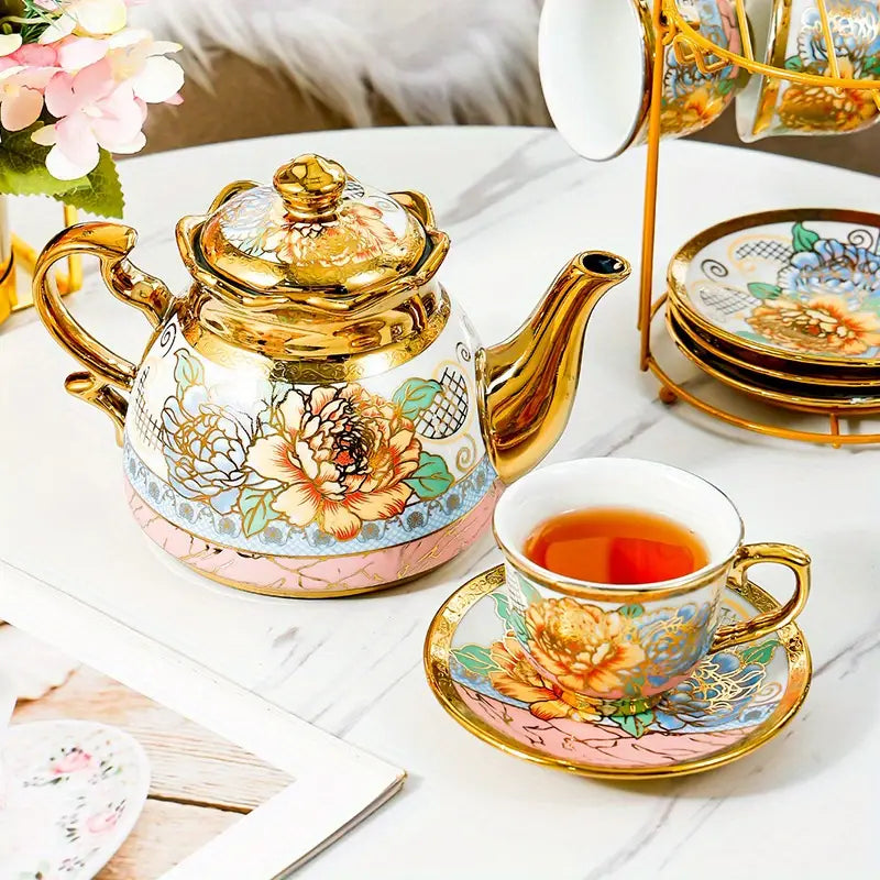 14pcs, Complete Camellia Golden Cup and Saucer Set with Cup Holder | Delivery: 7 to 10 business days | Limited stocks available | Hurry before Sold Out