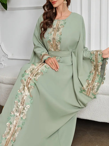 Women's Fashion Elegant Round Neck Tie Belt Arab Dress | Delivery: 7 to 10 business days | Limited stocks available | Hurry before Sold Out