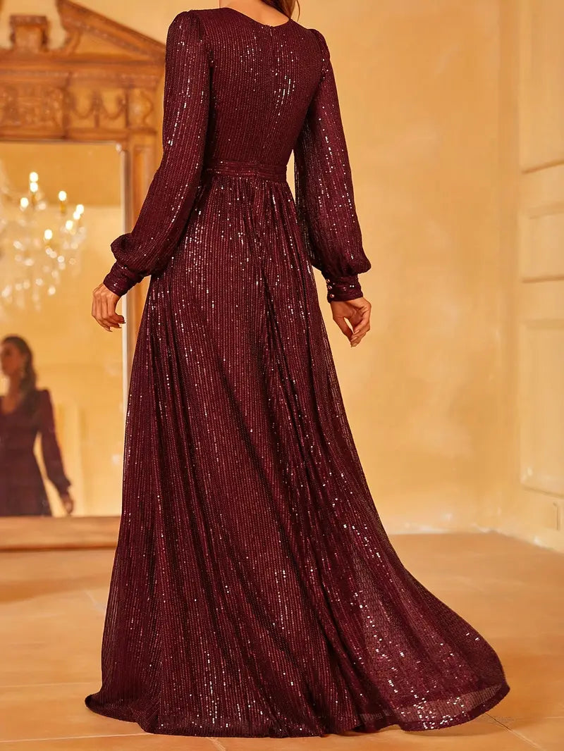 Emerald Green Sequin V-Neck Long Sleeve A-Line Dress | Delivery: 7 to 10 business days | Limited stocks available