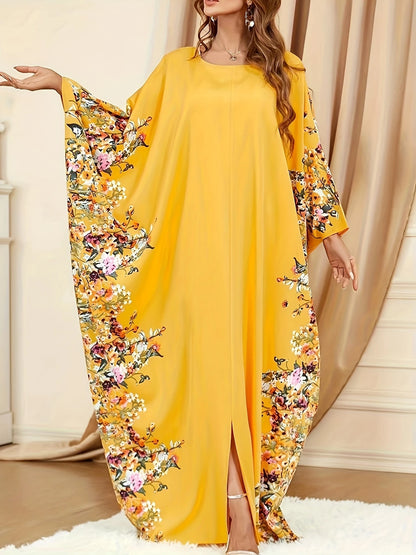 Floral Print Crew Neck Kaftan Abaya | Delivery: 7 to 10 business days | Limited stocks available | Hurry before Sold Out