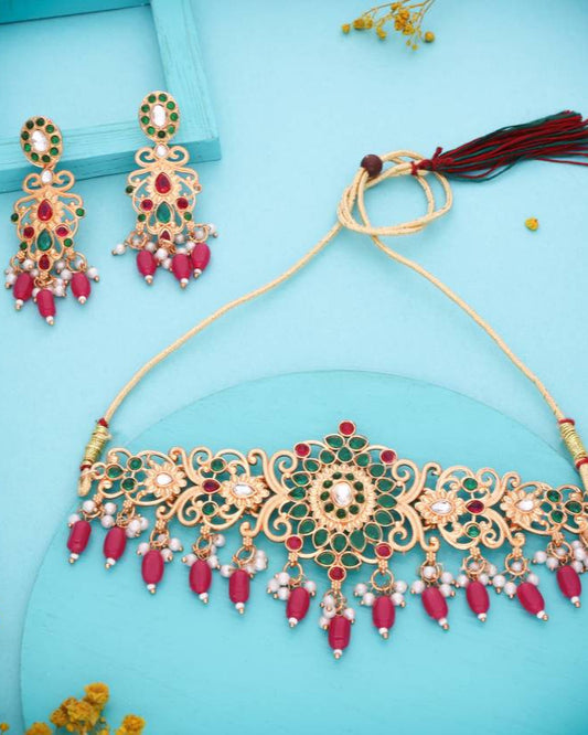 Brass Gold-plated Gold, Green, Pink, White Jewel Set-KYAMSTORE