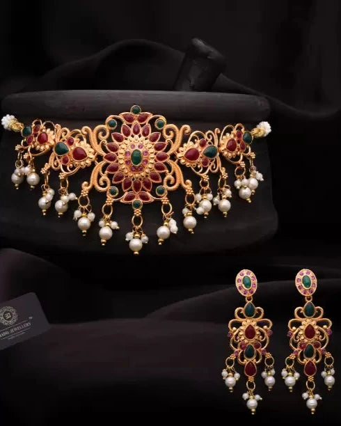 Brass Gold-plated Gold, Green, Maroon Jewel Set-KYAMSTORE