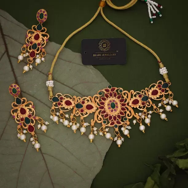 Brass Gold-plated Gold, Green, Maroon Jewel Set-KYAMSTORE