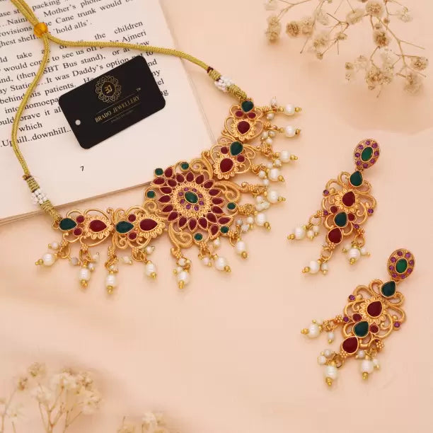 Brass Gold-plated Gold, Green, Maroon Jewel Set-KYAMSTORE
