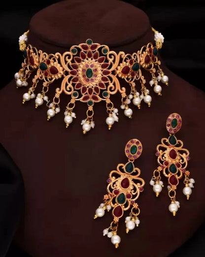 Brass Gold-plated Gold, Green, Maroon Jewel Set-KYAMSTORE