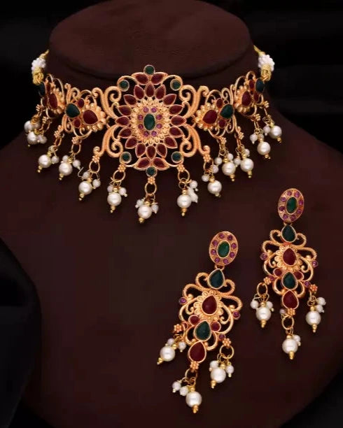 Brass Gold-plated Gold, Green, Maroon Jewel Set-KYAMSTORE