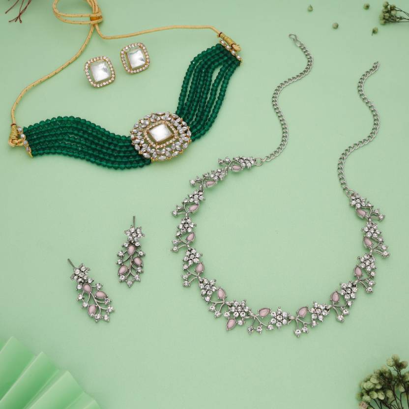 Brass Gold-plated Gold, Silver, Green, Pink Jewel Set (2 Set)-KYAMSTORE