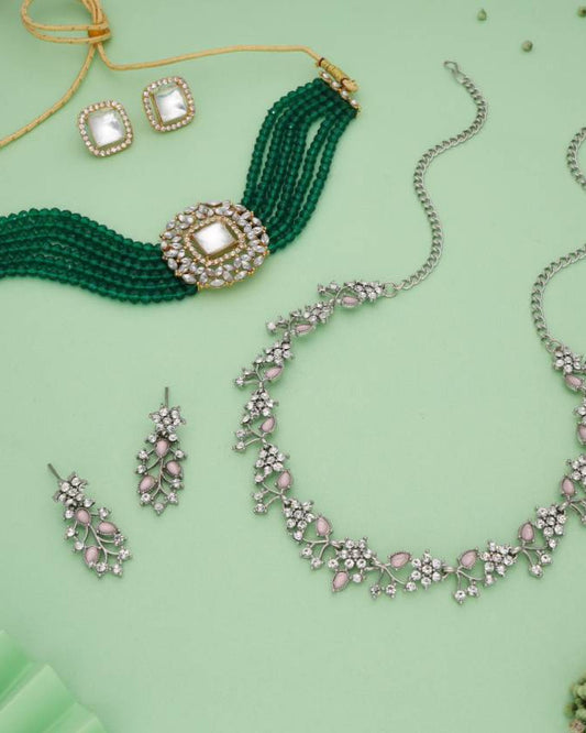 Brass Gold-plated Gold, Silver, Green, Pink Jewel Set (2 Set)-KYAMSTORE