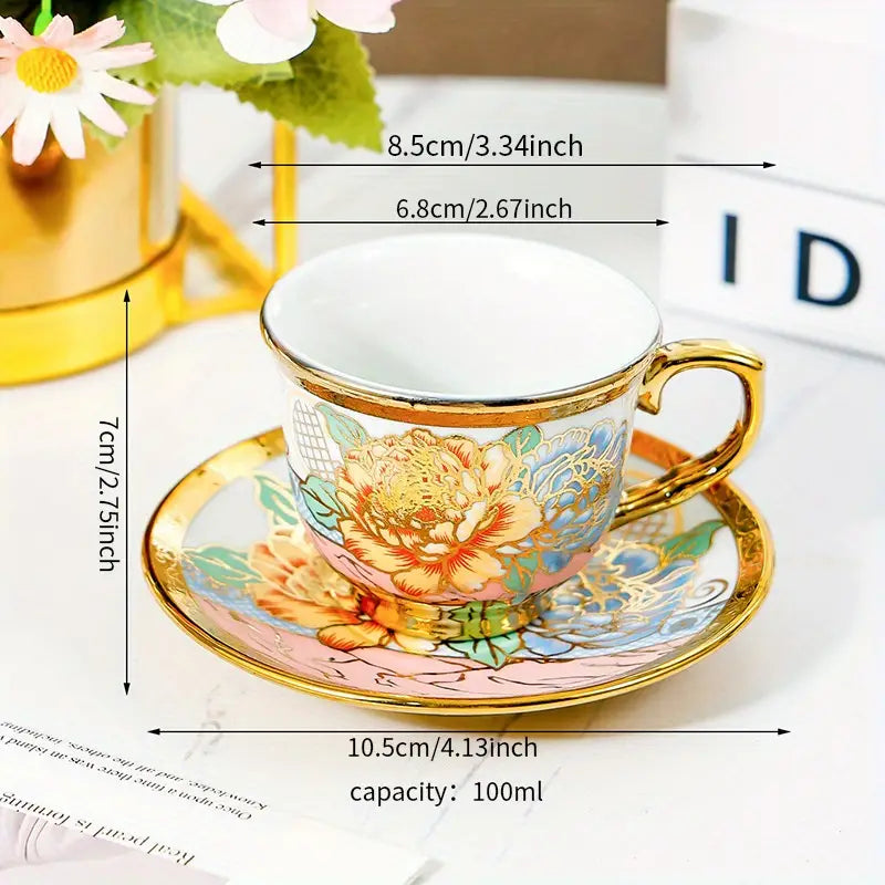 14pcs, Complete Camellia Golden Cup and Saucer Set with Cup Holder | Delivery: 7 to 10 business days | Limited stocks available | Hurry before Sold Out