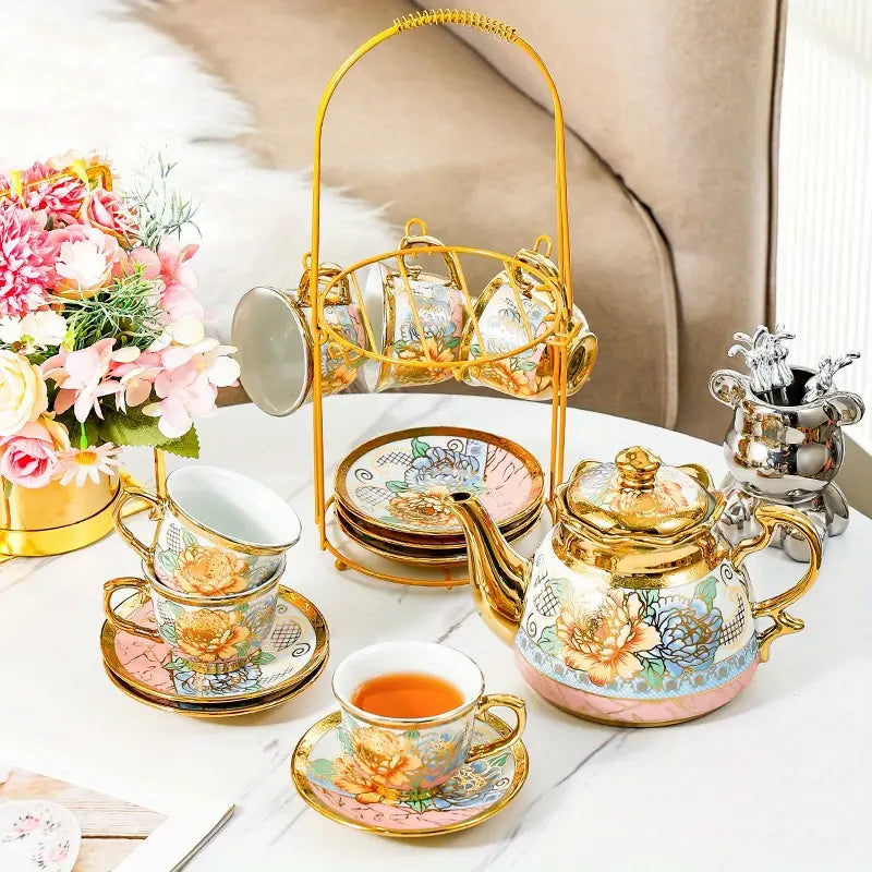 14pcs, Complete Camellia Golden Cup and Saucer Set with Cup Holder | Delivery: 7 to 10 business days | Limited stocks available | Hurry before Sold Out