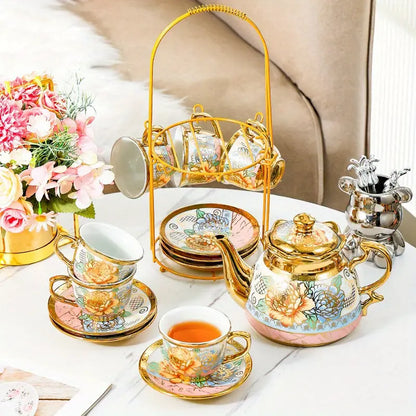 14pcs, Complete Camellia Golden Cup and Saucer Set with Cup Holder | Delivery: 7 to 10 business days | Limited stocks available | Hurry before Sold Out