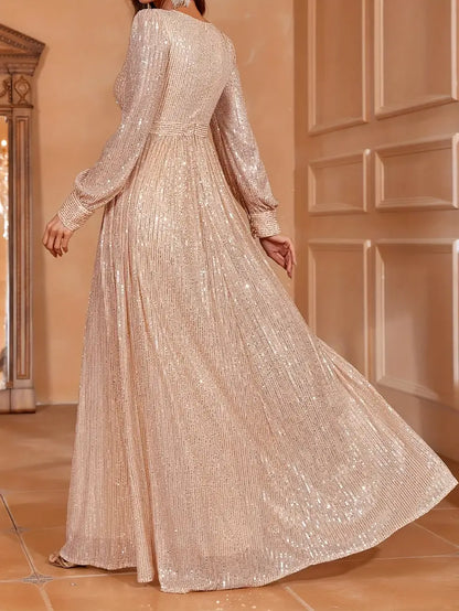 Emerald Green Sequin V-Neck Long Sleeve A-Line Dress | Delivery: 7 to 10 business days | Limited stocks available