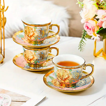 14pcs, Complete Camellia Golden Cup and Saucer Set with Cup Holder | Delivery: 7 to 10 business days | Limited stocks available | Hurry before Sold Out
