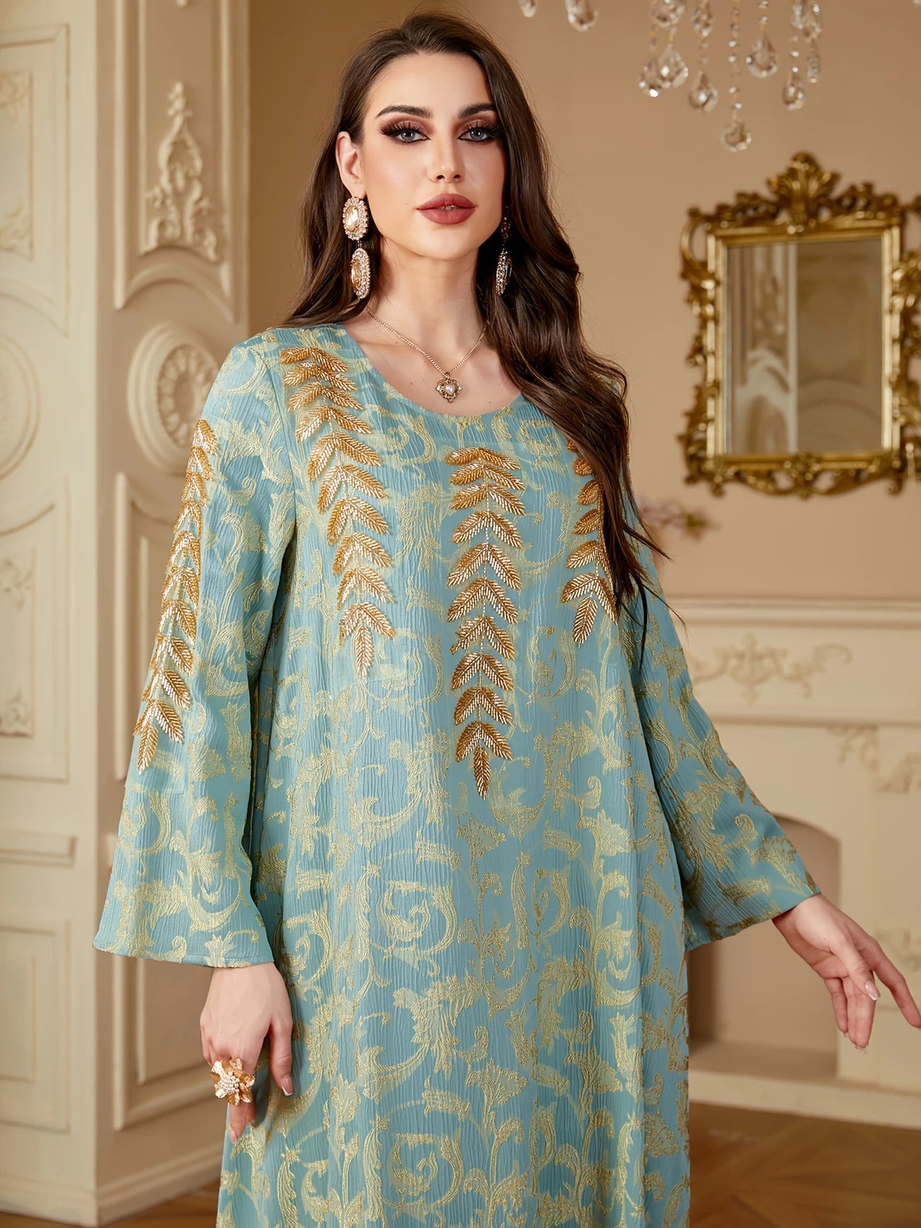 Maxi Dress - Light Blue with Golden Paisley Appliqués | Delivery: 5 to 10 business days | Limited stocks available | Hurry before Sold Out