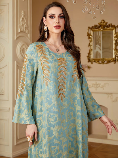 Maxi Dress - Light Blue with Golden Paisley Appliqués | Delivery: 5 to 10 business days | Limited stocks available | Hurry before Sold Out