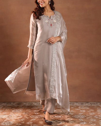 Floral Yoke Design Beads and Stones Tissue Straight Kurta with Trousers & Dupatta-KYAMSTORE