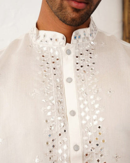 Floral Embroidered Mirror Work Mandarin Collar Cotton Silk Straight Kurta-KYAMSTORE