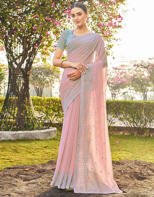 Embroidered, Embellished Bollywood Chiffon, Georgette Saree  (Pink, Blue, Silver) | Delivery: 10 to 12 business days | Limited stocks available