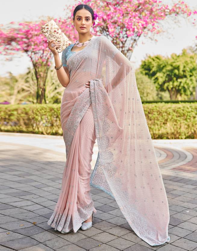 Embroidered, Embellished Bollywood Chiffon, Georgette Saree  (Peach, Blue, Silver) | Delivery: 10 to 12 business days | Limited stocks available