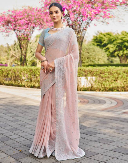 Embroidered, Embellished Bollywood Chiffon, Georgette Saree  (Peach, Blue, Silver) | Delivery: 10 to 12 business days | Limited stocks available