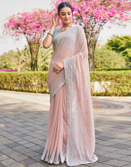 Embroidered, Embellished Bollywood Chiffon, Georgette Saree  (Peach, Blue, Silver) | Delivery: 10 to 12 business days | Limited stocks available