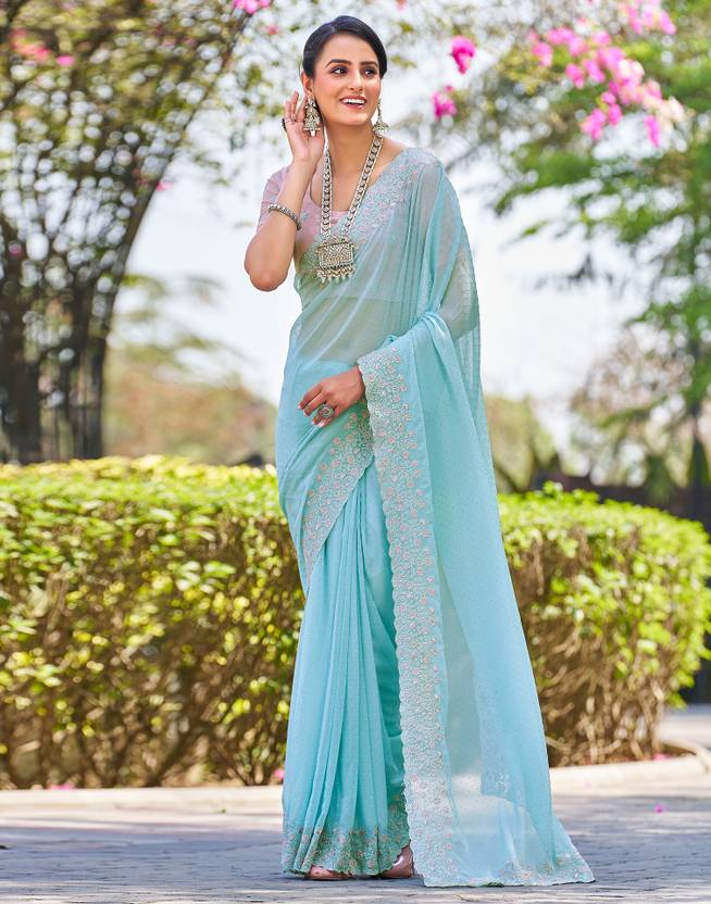 Embroidered, Embellished Bollywood Chiffon, Georgette Saree  (Light Blue, Pink, Silver) | Delivery: 10 to 12 business days | Limited stocks available