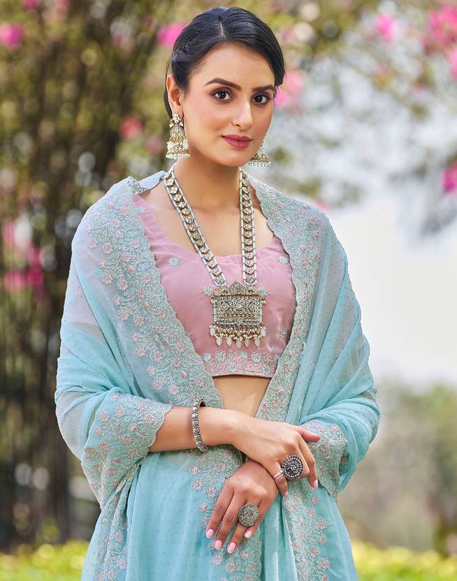Embroidered, Embellished Bollywood Chiffon, Georgette Saree  (Light Blue, Pink, Silver) | Delivery: 10 to 12 business days | Limited stocks available