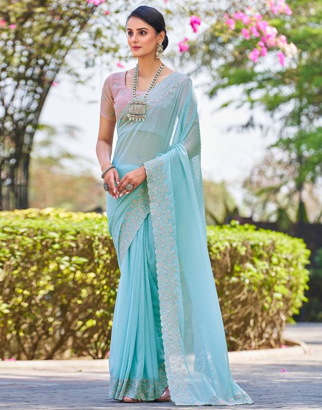 Embroidered, Embellished Bollywood Chiffon, Georgette Saree  (Light Blue, Pink, Silver) | Delivery: 10 to 12 business days | Limited stocks available