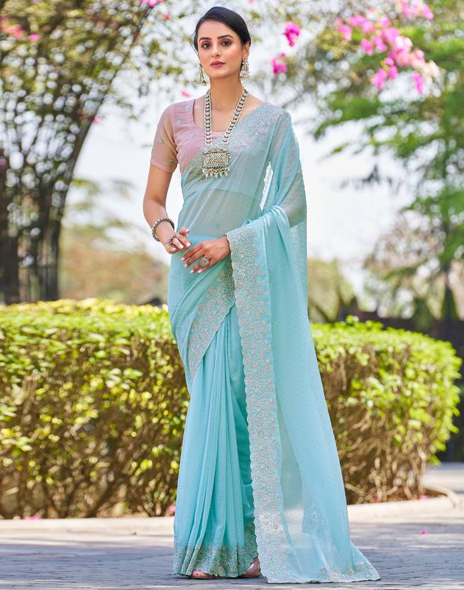 Embroidered, Embellished Bollywood Chiffon, Georgette Saree  (Light Blue, Pink, Silver) | Delivery: 10 to 12 business days | Limited stocks available
