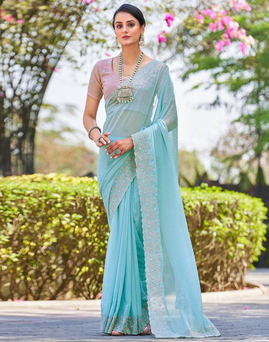 Embroidered, Embellished Bollywood Chiffon, Georgette Saree  (Light Blue, Pink, Silver) | Delivery: 10 to 12 business days | Limited stocks available