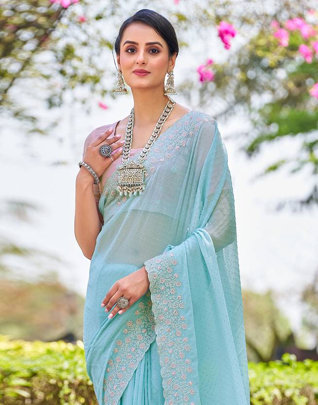 Embroidered, Embellished Bollywood Chiffon, Georgette Saree  (Light Blue, Pink, Silver) | Delivery: 10 to 12 business days | Limited stocks available