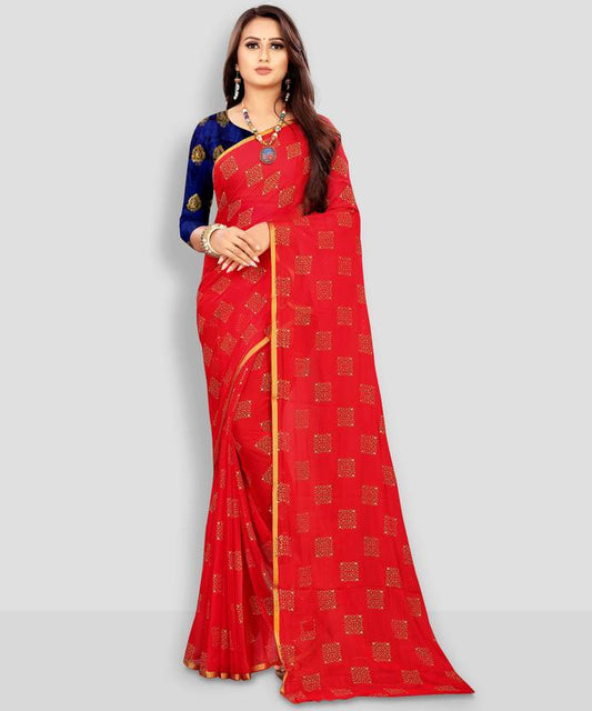 Printed Bollywood Chiffon Saree (Red) | Delivery: 10 to 12 business days | Limited stocks available
