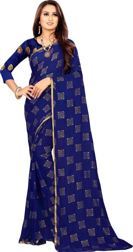 Printed Bollywood Chiffon Saree (Dark Blue) | Delivery: 10 to 12 business days | Limited stocks available