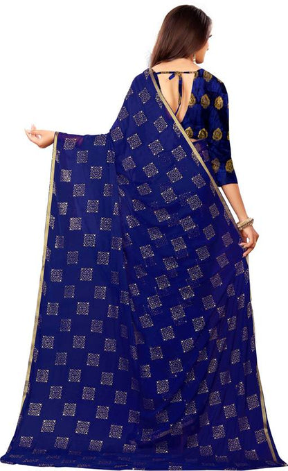 Printed Bollywood Chiffon Saree (Dark Blue) | Delivery: 10 to 12 business days | Limited stocks available
