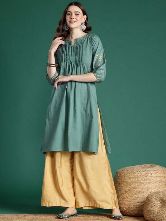 Women Pintucks Pure Cotton Kurta with Foil Print Detail