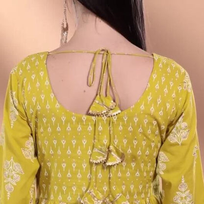 Women Floral Yoke Design High Slit Pure Cotton Kurta with Palazzos & With Dupatta-KYAMSTORE