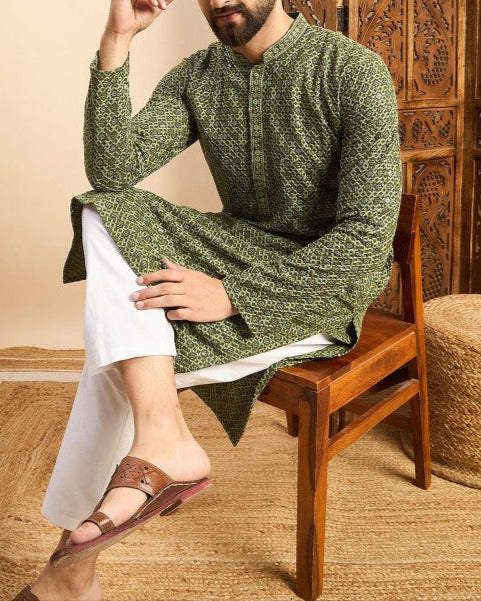 Embroidered Mandarin Collar Ethnic Wear Kurta-KYAMSTORE