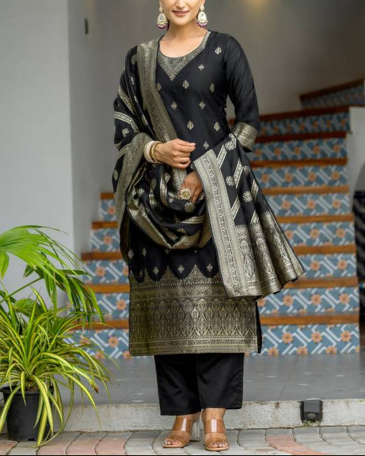 Women Silk Blend, Jacquard Kurta Pant Dupatta Set-KYAMSTORE