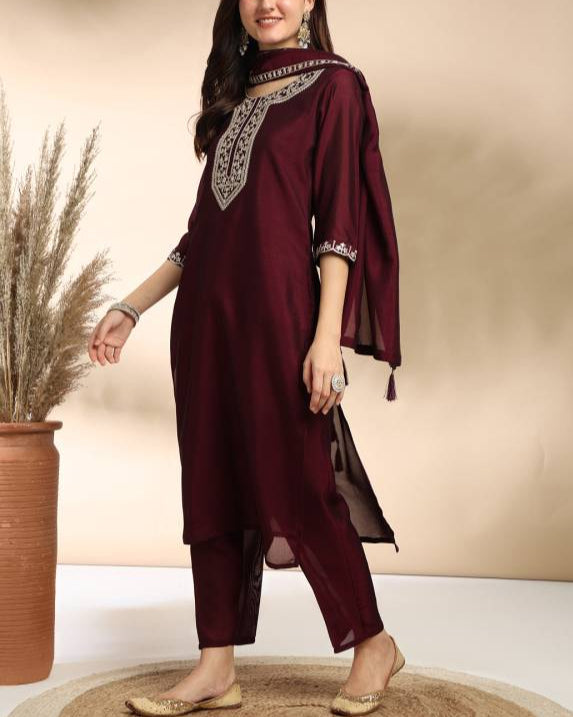 Women Silk Blend Kurta Pant Dupatta Set-KYAMSTORE