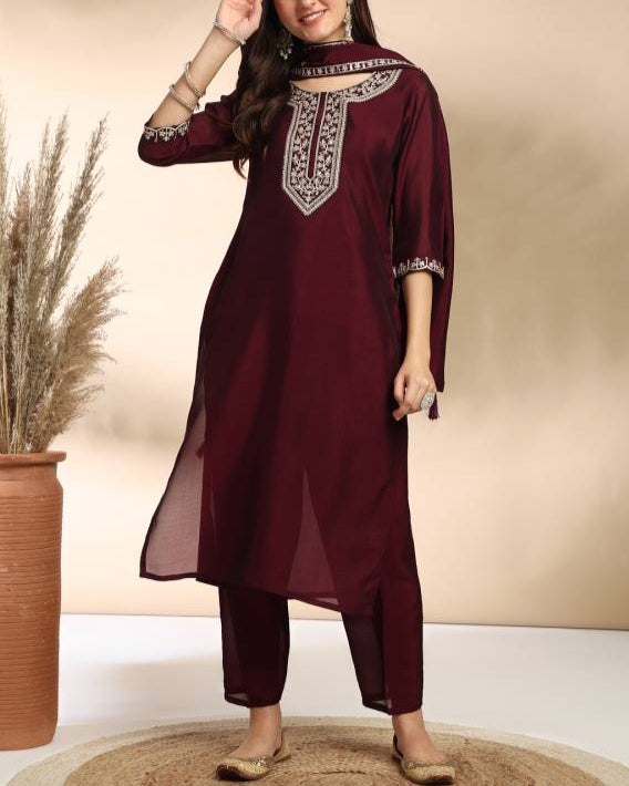 Women Silk Blend Kurta Pant Dupatta Set-KYAMSTORE