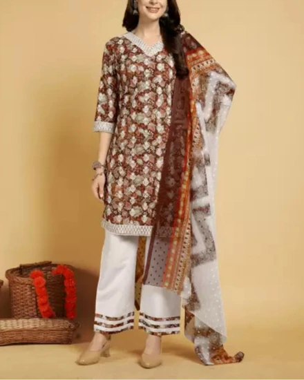 Floral Print Kurta, Palazzo & Dupatta Set-KYAMSTORE