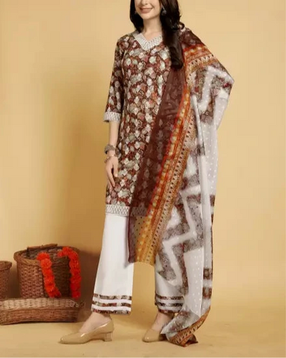 Floral Print Kurta, Palazzo & Dupatta Set-KYAMSTORE