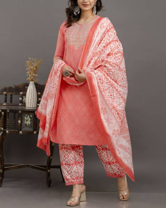 Women Pure Cotton Kurta Pant Dupatta Set-KYAMSTORE