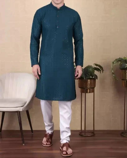 Men Paisley, Embroidered Cotton Blend Straight Kurta-KYAMSTORE