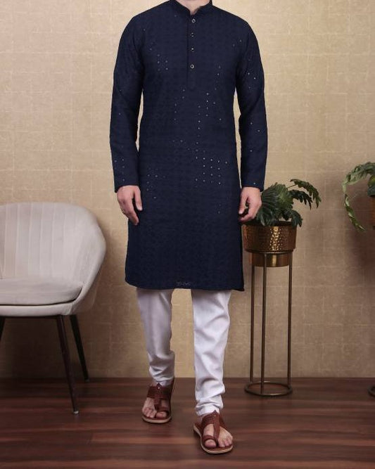 Men Paisley, Embroidered Cotton Blend Straight Kurta-KYAMSTORE