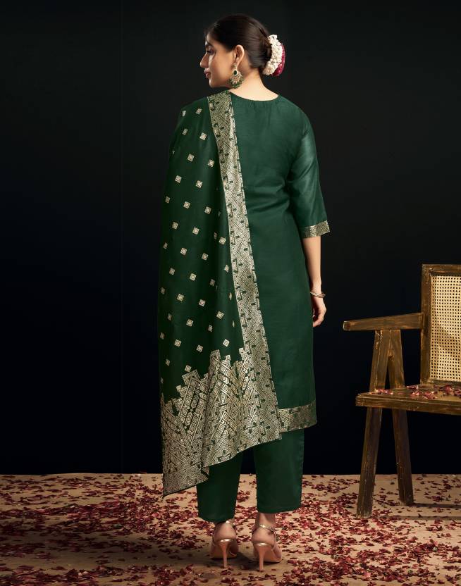 Women Silk Blend, Jacquard Kurta Pant Dupatta Set