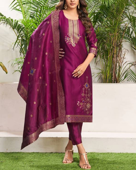 Women Jacquard, Silk Blend Kurta Pant Dupatta Set-KYAMSTORE