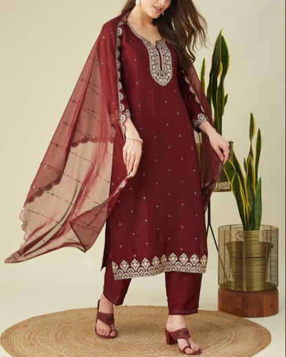 Women Muslin Kurta Pant Dupatta Set-KYAMSTORE